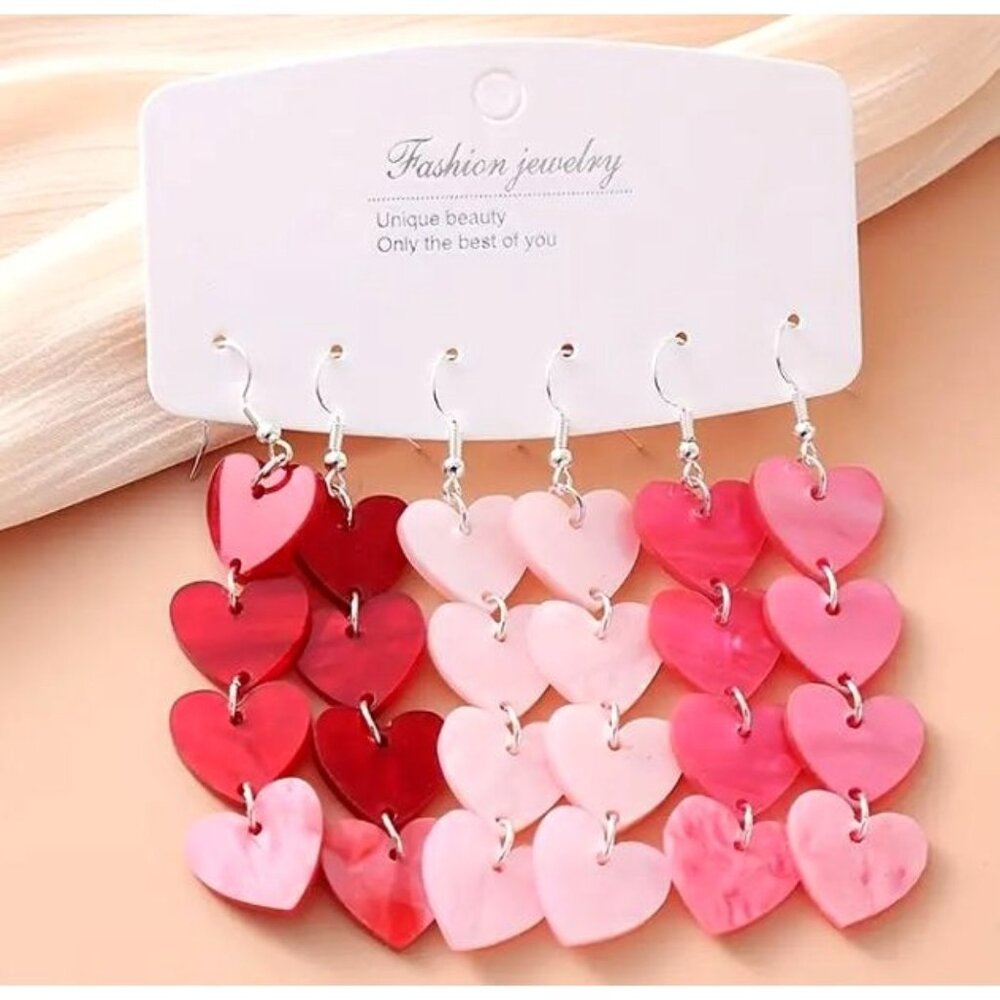 Heart-Shaped Dangle Earrings 3pc Set In Red‎ & Pink Tones